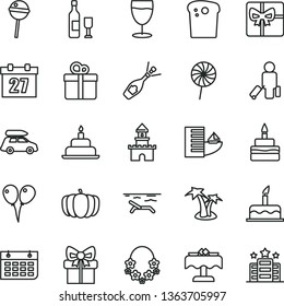 thin line vector icon set - daily calendar vector, colored air balloons, cake, birthday, gift, Easter, Chupa Chups, lollipop, glass, pumpkin, wall, giftbox, sand castle, wine, champagne, car baggage