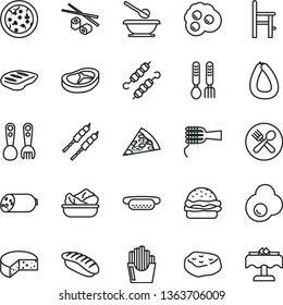 thin line vector icon set - plates and spoons vector, a chair for feeding, plastic fork, iron, sausage, stick of, cheese, pizza, piece, mini hot dog, burger, noodles, lettuce in plate, bacon, chop