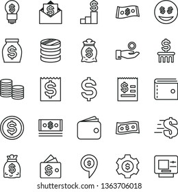 thin line vector icon set - purse vector, dollar, coins, column of, denomination the, article on, financial item, catch a coin, wallet, money, dollars, cash, pedestal, bag, gear, idea, eyes, mail