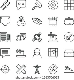 thin line vector icon set - image of thought vector, toys over the cot, diaper, paint roller, buildings, writing accessories, tile, left bottom arrow, drawer, barbecue, japanese sushi, a glass tea
