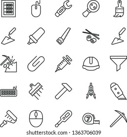 thin line vector icon set - new abacus vector, electronic thermometer e, trowel, building, arm saw, long meashuring tape, paint roller, wooden brush, construction helmet, spatula, knife, hammer