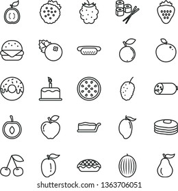 thin line vector icon set - cake vector, sausage, mini hot dog, big burger, slice, glazed with a hole, apple pie, sushi set, blueberries, strawberry, strawberries, pancakes, cherry, red, blackberry