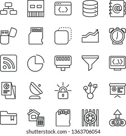 thin line vector icon set - rss feed vector, pie chart, folder bookmark, estimate, alarm clock, big data, flowchart, address book, copy, satellite antenna, filter, statistical research, radiator fan