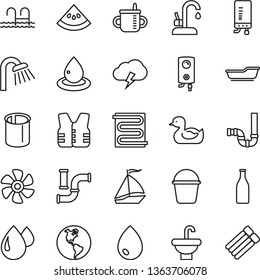 thin line vector icon set - mug for feeding vector, rubber duck, bath, bucket, washbasin, shower, siphon, heating coil, kitchen faucet, boiler, electronic, drop, storm cloud, slice of water melon