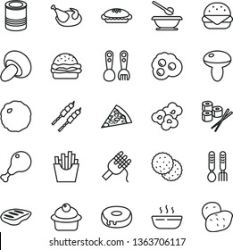 thin line vector icon set - plates and spoons vector, plastic fork, iron, tin, piece of pizza, big burger, spaghetti, mushroom, porcini, muffin, cake with a hole, pie, hot porridge, chicken, leg