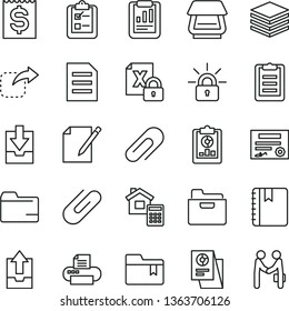 thin line vector icon set - clip vector, folder, upload archive data, download, bookmark, estimate, notebook, pile, notes, survey, move right, statistical report, overview, financial item, research