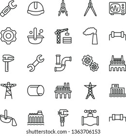 thin line vector icon set - tower crane vector, cogwheel, construction helmet, valve, water pipes, manufacture, hydroelectric station, hydroelectricity, power line, pole, industrial factory, gears