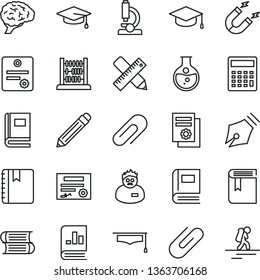 thin line vector icon set - clip vector, graphite pencil, calculator, book, books, abacus, writing accessories, notebook, square academic hat, round flask, magnet, on statistics, microscope, brain