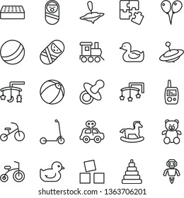 thin line vector icon set - toys over the cradle vector, cot, dummy, rubber duck, baby duckling, bath ball, stacking toy, motor vehicle present, roly poly doll, tumbler, mobile phone, teddy bear