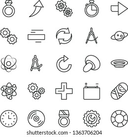thin line vector icon set - right direction vector, renewal, plus, minus, clockwise, tumbler, gear, timer, CD, porcini, plate, accumulator, gears, scribed compasses, wall watch, atom, saturn, gold