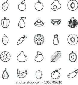thin line vector icon set - Hot Dog vector, chili, carrot, fried egg, ripe peach, half apricot, pomegranate, plum, rose hip, fig, mulberry, tasty, delicious, water melon slice, passion fruit, of