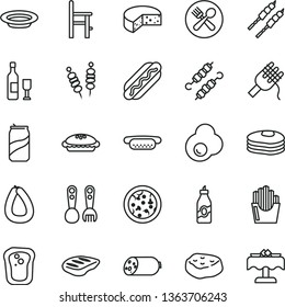 thin line vector icon set - a chair for feeding vector, plastic fork spoons, sausage, stick of, cheese, fried vegetables on sticks, pizza, Hot Dog, mini, spaghetti, pie, plate, chop, barbecue, piece