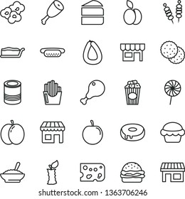 thin line vector icon set - kiosk vector, stick of sausage, piece cheese, tin, fried vegetables on sticks, mini hot dog, burger, cake, slice, with a hole, bowl buckwheat porridge, chicken leg, thigh