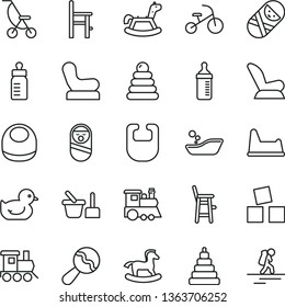 thin line vector icon set - feeding bottle vector, measuring for, bib, baby, beanbag, chair, car child seat, summer stroller, duckling, children's bathroom, stacking rings, toy, roly poly doll, a