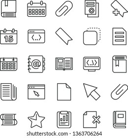 thin line vector icon set - clip vector, add bookmark, clean sheet of paper, book, e, books, calendar, star, address, delete page, copy, statistical report, scientific publication, wall, newspaper