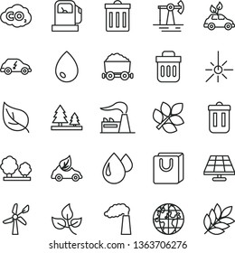 thin line vector icon set - bin vector, drop, bag with handles, solar panel, working oil derrick, leaves, leaf, gas station, wind energy, manufacture, factory, trees, forest, eco car, electric