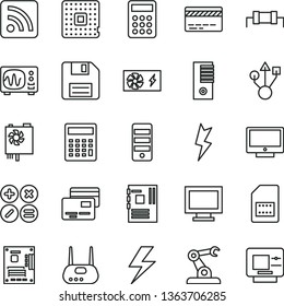 thin line vector icon set - lightning vector, floppy disk, monitor window, bank card, calculator, rss feed, screen, cards, math actions, processor, assembly robot, SIM, pc power supply, tower, usb