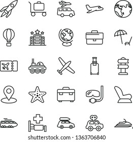 thin line vector icon set - briefcase vector, car child seat, motor vehicle present, suitcase, geolocation, globe, rocket, lunar rover, earth, plane, train, baggage, air balloon, rolling, ticket