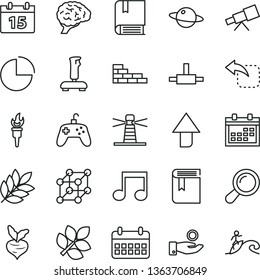 thin line vector icon set - calendar vector, upward direction, pie chart, book, e, brick wall, planet, move left, beet, lighthouse, catch a coin, connect, note, joystick, telescope, zoom, brain