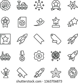 thin line vector icon set - add bookmark vector, remove label, star gear, space rocket, lunar rover, bang, cup, reward, medal, ribbon, certificate, dollar, stars around man, three, flying, starfish