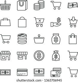 thin line vector icon set - paper bag vector, grocery basket, bank card, cart, put in, crossed, with handles, cards, kiosk, coins, shopping, column of, dollar, get a wage, money, dollars, cash, hand