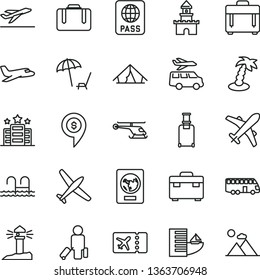 thin line vector icon set - suitcase vector, case, passport, coastal lighthouse, sand castle, helicopter, dollar pin, plane, bus, passenger, rolling, ticket, departure, hotel, tent, palm tree, pool
