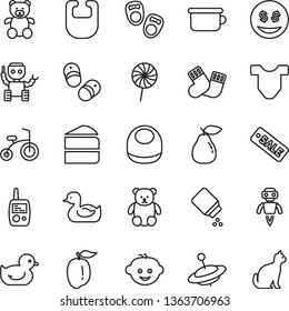 thin line vector icon set - baby powder vector, bib, Child T shirt, rubber duck, duckling, warm socks, toy mobile phone, children's potty, teddy bear, small, hairdo, yule, bicycle, piece of cake