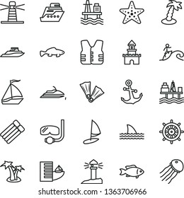 thin line vector icon set - anchor vector, small fish, sea port, commercial seaport, lighthouse, coastal, sand castle, sail boat, hotel, palm tree, starfish, flippers, diving mask, surfing, jet ski