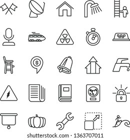 thin line vector icon set - a chair for feeding child vector, shower, faucet mixer, home, bell, expand picture, pumpkin, satellite dish, newspaper, repair, encrypting, electricity, nuclear, book