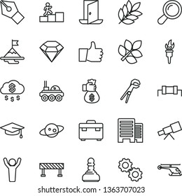 thin line vector icon set - adjustable wrench vector, suitcase, buildings, road fence, thumb up, telescope, zoom, gears, saturn, lunar rover, biology, ink pen, resistor, flame torch, pawn, man hands