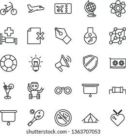 thin line vector icon set - delete page vector, gpu card, flask, atom, glasses, bulb, globe, robot, presentation board, 3d cube, ink pen, resistor, plane, bike, ticket, tent, cocktail, hospital bed