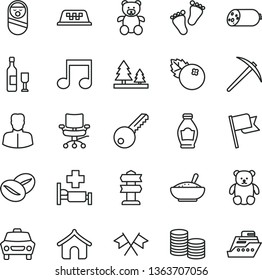 thin line vector icon set - roly poly doll vector, teddy bear, small, footprints, key, flag, car, sausage, a bowl of rice porridge, coffee beans, blueberries, bottle, forest, woman, coins, note
