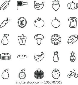 thin line vector icon set - loaf vector, noodles, mushroom, tomato, chili, peper, carrot, sushi, a pineapple, pancakes, sandwich, half pomegranate, strawberry, rose hip, blackberry, melon, bananas