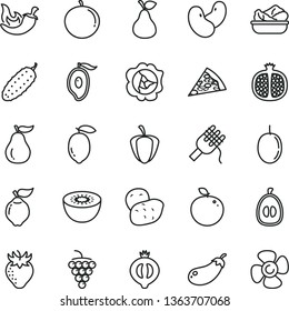 thin line vector icon set - piece of pizza vector, spaghetti, lettuce in a plate, cucumber, chili, pear, half pomegranate, large grape, squash, quince, strawberry, medlar, mango, tangerine, loquat