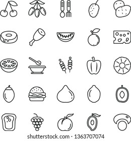 thin line vector icon set - plates and spoons vector, iron fork, piece of cheese, fried vegetables on sticks, burger, cake with a hole, chicken thigh, sandwich, cherry, ripe peach, large grape, fig