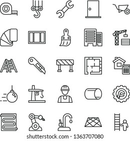 thin line vector icon set - tower crane vector, builder, winch hook, big core, building trolley, window frame, measuring tape, sample of colour, plastic brush, ladder, laying out, ntrance door, pipe