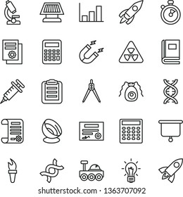thin line vector icon set - magnet vector, rocket, research article, scientific publication, microscope, nuclear, dna, bulb, bactery, book, clipboard, calculator, drawing compass, growth graph