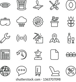 thin line vector icon set - cradle vector, car child seat, cloud, small yule, tools, star gear, electronic boiler, speech, map, bundle of eggs, plate, mint, half peach, coal mining, repair key, file