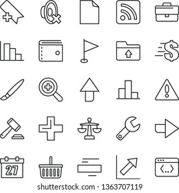 thin line vector icon set - tassel vector, repair key, warning, daily calendar, briefcase, upward direction, right, add bookmark, grocery basket, purse, hammer of a judge, clean sheet paper, zoom