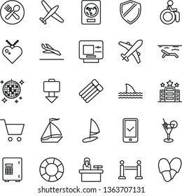 thin line vector icon set - plane vector, sail boat, rope barrier, passport, phone registration, getting baggage, arrival, atm, beach, cocktail, disco ball, cafe, hotel, disabled, safe, receptionist