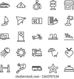 thin line vector icon set - train vector, camper, bus, hang glider, motorcycle, rope barrier, plane ticket, arrival, hotel, tent, arnchair under umbrella, sun, palm tree, pool, medical room, tennis