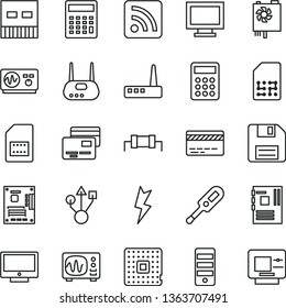 thin line vector icon set - floppy disk vector, monitor window, bank card, calculator, rss feed, electronic thermometer e, lightning, screen, cards, processor, SIM, pc power supply, tower, usb, atm
