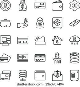 thin line vector icon set - bank card vector, purse, big data server, strongbox, cards, reverse side of a, front the, column coins, get wage, wallet, dollars, cash, cashbox, gold bar, money rain