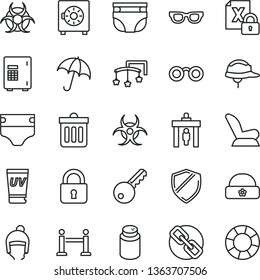 thin line vector icon set - spectacles vector, toys over the cot, diaper, nappy, powder, car child seat, winter hat, warm, helmet, dust bin, lock, umbrella, strongbox, encrypting, glasses, biohazard