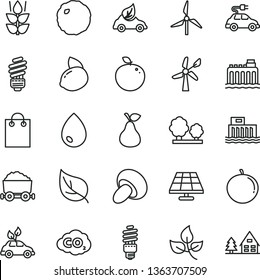 thin line vector icon set - saving light bulb vector, drop, porcini, cabbage, pear, mint, tangerine, yellow lemon, delicious apple, solar panel, leaves, leaf, windmill, wind energy, hydroelectricity