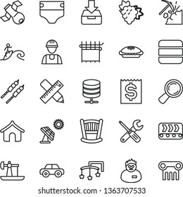 thin line vector icon set - cradle vector, toys over the cot, diaper, motor vehicle, builder, small tools, writing accessories, big data server, put in a box, pie, barbecue, branch of grape, surfing