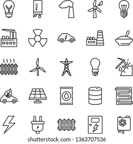 thin line vector icon set - lightning vector, dangers, heating coil, new radiator, electronic boiler, bulb, a bowl of buckwheat porridge, solar panel, coal mining, windmill, wind energy, manufacture