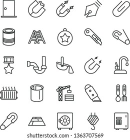 thin line vector icon set - safety pin vector, open, iron fork spoons, tower crane, hook, ladder, sewerage, ntrance door, knife, stationery, paving slab, kitchen faucet, strongbox, clip, tin, magnet