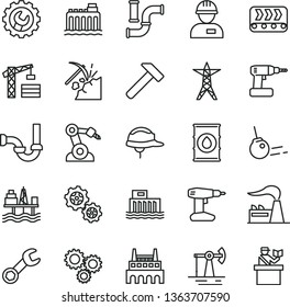 thin line vector icon set - tower crane vector, workman, cordless drill, sewerage, helmet, gear, hammer, core, commercial seaport, working oil derrick, coal mining, water pipes, factory, power line