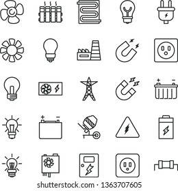 thin line vector icon set - incandescent lamp vector, concrete mixer, bulb, power socket type b, dangers, heating coil, radiator, fan screw, charging battery, accumulator, line, plug, thermal plant